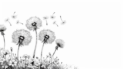   A monochrome image of a dandelion amidst the wind, white blooms in the foreground