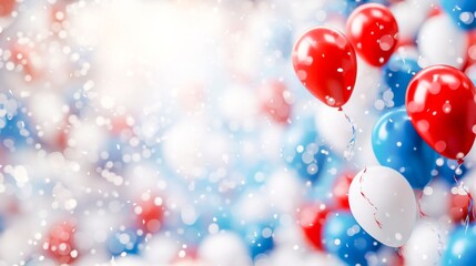 Holiday backdrop with red, white, and blue balloons float amidst sparkling lights and confetti, capturing festive spirit of national American holidays, perfect for patriotic celebrations. Copy space