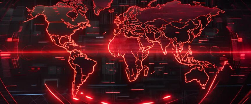 Animated world map with pulsing cybersecurity threats, flat, radar screen background,
