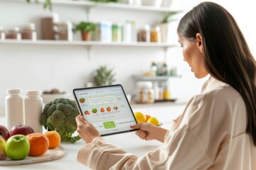 Young White Woman Consulting Dietitian on Personalized Nutrition App in Modern Office
