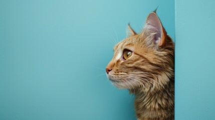 Obraz premium A ginger cat peeks out from behind a blue wall. The cat has wide green eyes and a pink nose.