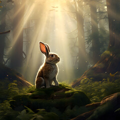 Rabbit walking around nature in the morning light. Animal in nature forest and meadow habitat. Wildlife scene.	