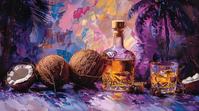 The image shows a bottle of rum and two coconut halves on a table. The background is a colorful abstract painting.