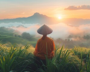 The photo shows a person in traditional clothing sitting in a field of tall grass - Powered by Adobe