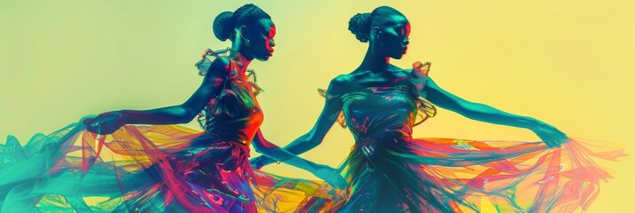 Vibrant Watercolor Dance - African Women Celebrating Friendship in Colorful Glitch Art Style