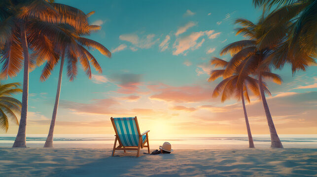 Deck chair on the beach near the sea. Exotic summer composition. It's time to rest. Sunset on the island.