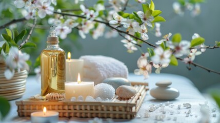 Spa products, aromatherapy, atmosphere of relax. Candles and spa essentials on bamboo tray in bathroom, essential oil, bath salt, towel, sea stone, spring apple tree blooming flowers