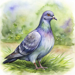 Fototapeta premium Pigeon on a green meadow. Illustration of a pigeon.