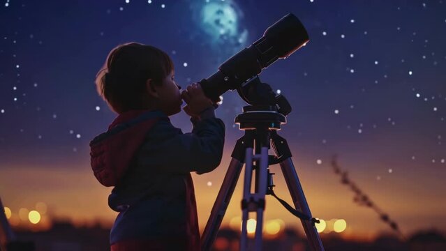 Little boy looks at stars through a telescope. Beautiful starry sky. Child studies astronomy. Silhouette astronomer guy gaze star. Space background. Man explore universe. Cosmic discovery.