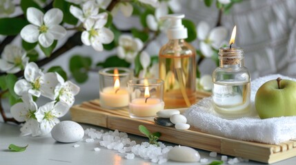Spa products, aromatherapy, atmosphere of relax. Candles and spa essentials on bamboo tray in bathroom, essential oil, bath salt, towel, sea stone, spring apple tree blooming flowers