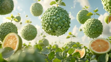   A collection of fruits suspended in the air by leaves against a backdrop of a blue sky dotted with clouds