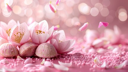   A tight shot of a flower against a pink backdrop, confetti fluttering down above, petals layered beneath