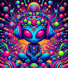 digital art vibrant colorful psychedelic cute alien with headphones vibin to music