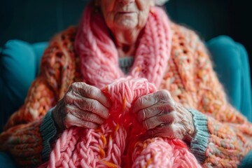 Elderly Woman with Alzheimer's Engaged in Knitting for Brain Awareness Month