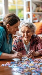 Fototapeta premium Compassionate Care in a Memory Facility: Nurse Assisting Elderly Woman with Puzzle for Brain Health Awareness