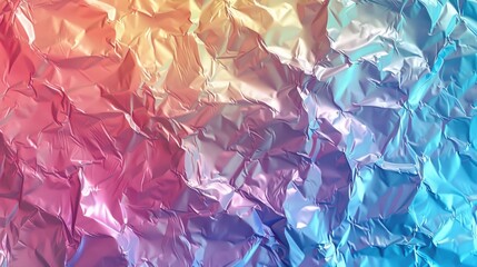 Iridescent Crinkled Foil abstract background. Holographic Textured Surface With Luminous Sheen. Rainbow Colors Gradient Of Warm Pinks To Cool Blues.