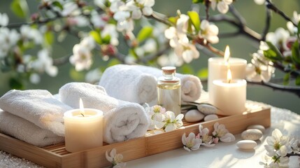 Obraz na płótnie Canvas Spa products, aromatherapy, atmosphere of relax. Candles and spa essentials on bamboo tray in bathroom, essential oil, bath salt, towel, sea stone, spring apple tree blooming flowers