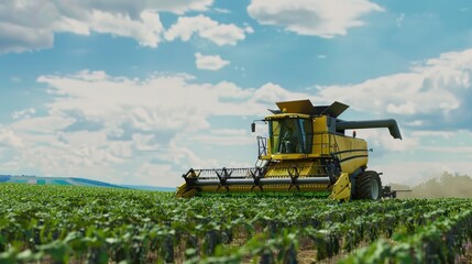 Large yellow harvester harvesting crops