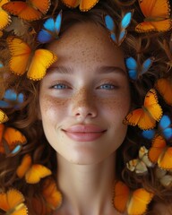 Woman Surrounded by Freckles of Butterflies