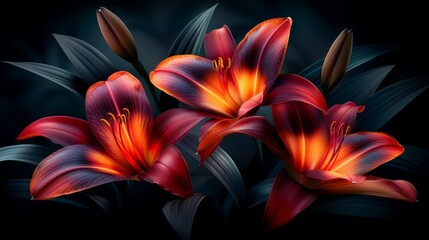   A tight shot of blooms and foliage against a black backdrop, rendered in red and orange hues