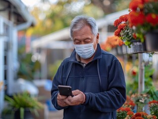 Fototapeta premium Senior Asian Man Checking Pollen Count on Smartphone in Garden at Dawn