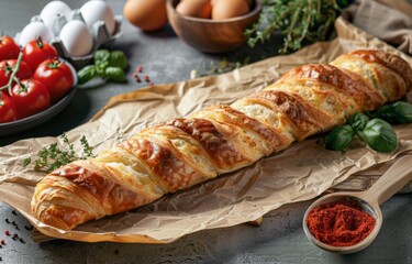 Cheese-Stuffed Flaky Bread Stick on Rustic Kitchen Table for Commercial Food Photography