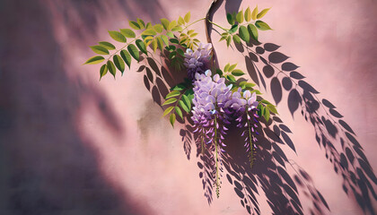 glycine avec des fleurs violettes isolé sur un mur avec un crepi rose