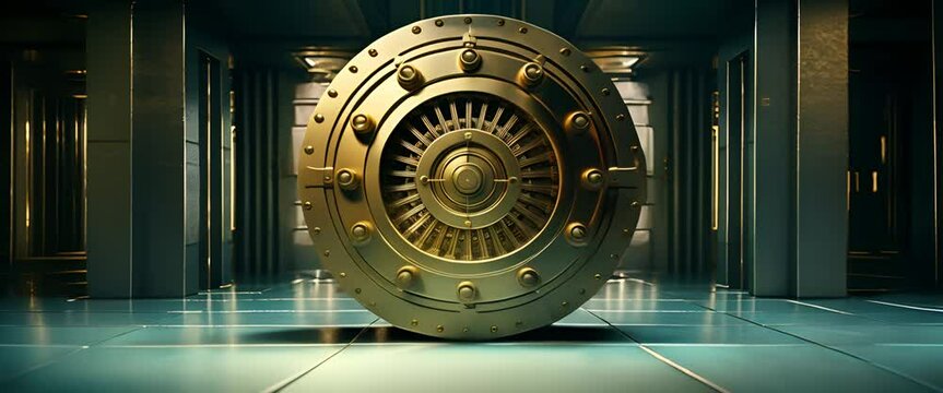 Minimalist 3D depiction of a closed bank vault, financial crisis visualization,
