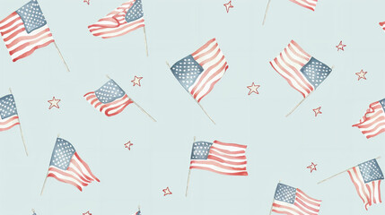 simple drawing of scattered real American flags on a pale blue background