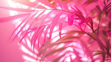   A tight shot of a pink backdrop showcases a plant in the near foreground, while a hazy plant image appears in the distant background