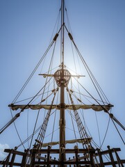 Low angle view of the mast of the historical replica carrack ship Nao Victoria