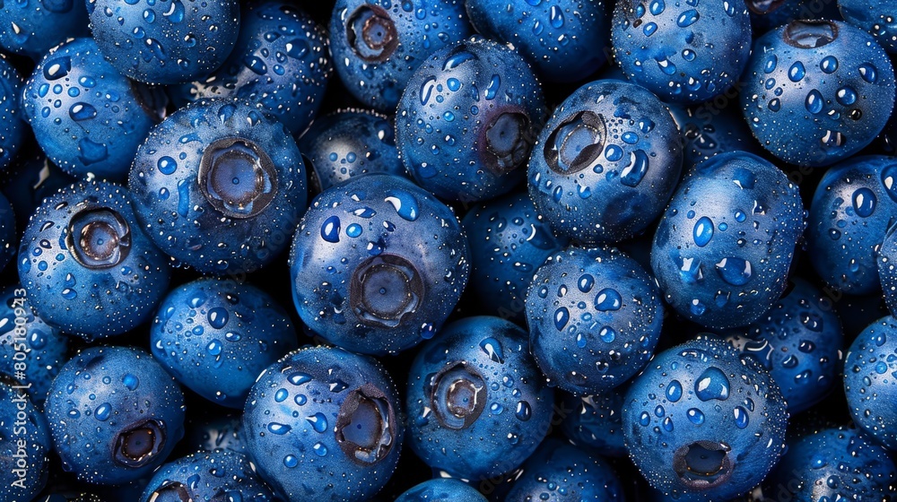 Wall mural a mound of blueberries, some dripping with water at the base