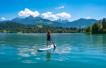 Adventurous woman paddle boarding calm lake with mountains in the background during a colorful summer sunset
