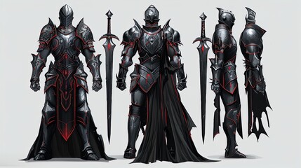 Naklejka premium Dive into the shadows with this dark knight, armored in black with crimson accents, wielding fearsome weapons of war.