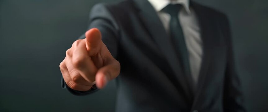 Businessman in suit pointing finger at space, front view, half body,