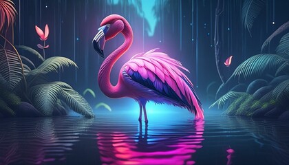 Blue flamingo in water, Glowing neon light with tropical monstera leaf and blue flamingo. 