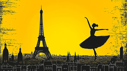 A woman in a ballerina costume is dancing in front of the Eiffel Tower - obrazy, fototapety, plakaty