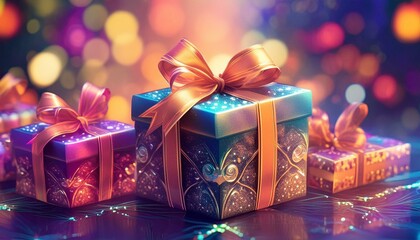 Colorful boxes with ribbon and bow, a gift box container on blurred background vibrant colors of the season