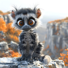A 3D animated cartoon render of a curious lemur alerting hikers to a dangerous cliff.
