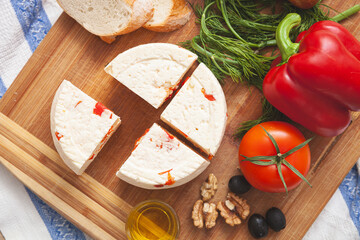 Homemade organic white cheese served with Tomatoes, bell pepper, dill, crispy bread, walnut and...