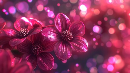   A tight shot of pink blooms against a softly blurred backdrop, illuminated by twinkling lights in...