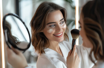 A beautiful woman in her bathroom, smiling and applying powder with the brush to one side of face, wearing white robe