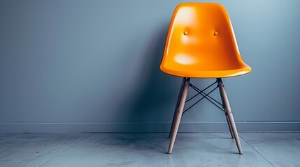   An orange chair sits atop a hardwood floor, adjacent to a blue wall with a hole in its background