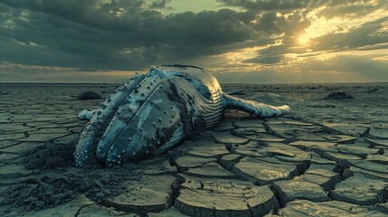 A whale carcass is laying on a rocky, barren landscape