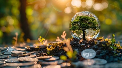 A tree is inside a glass sphere on a pile of coins