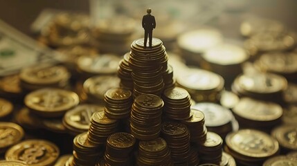 A man stands on top of a pile of gold coins