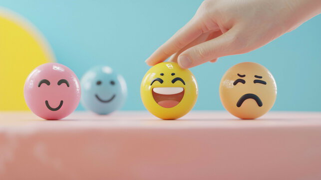 Exploring Positive Customer Experience: A Hand Touching a Smiling Emoji Among Sad and Neutral Faces