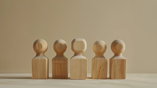 A group of wooden figures are lined up next to each other