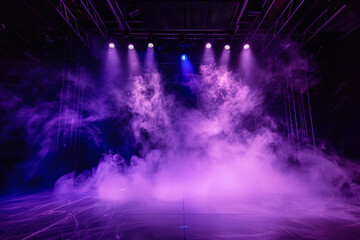 A stage enveloped in bright white smoke under a dark purple spotlight, offering a stark, minimalist aesthetic.