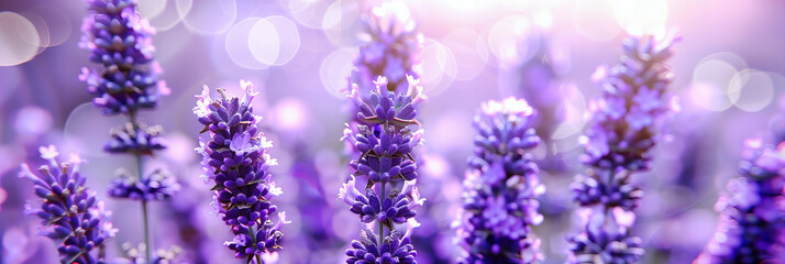 Close-up of purple lavender flowers, highlighting their delicate beauty and the soft sunset light...